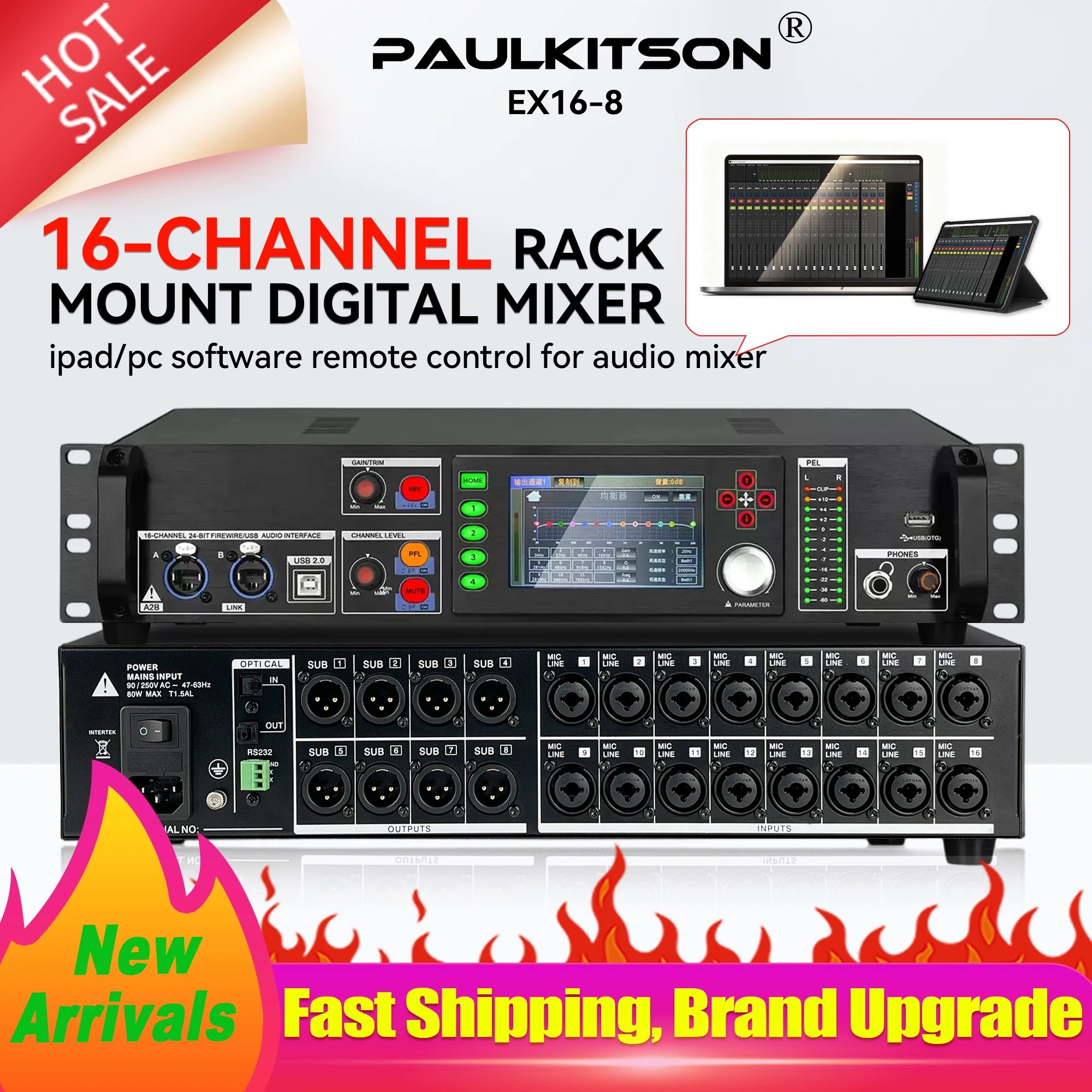 Paulkitson EX16-8 18 Channel  Mixing Console Professional Rack-mounted Digital Audio Mixer For Stage Performance Audio Expansion