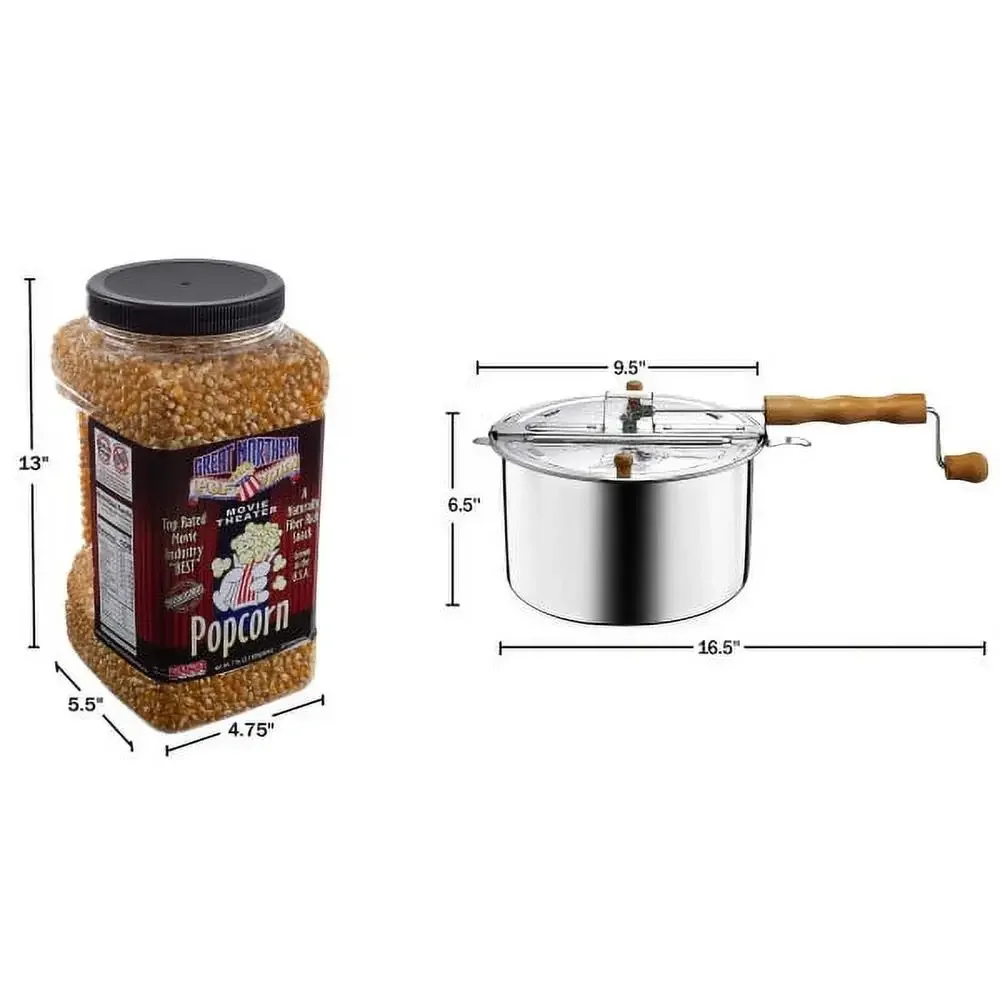 6. 5-Quart Stainless Steel Stovetop Popcorn Maker with Hand Crank and 7lbs Popping Corn Kit Movie Theater Style Popper USA-Grown