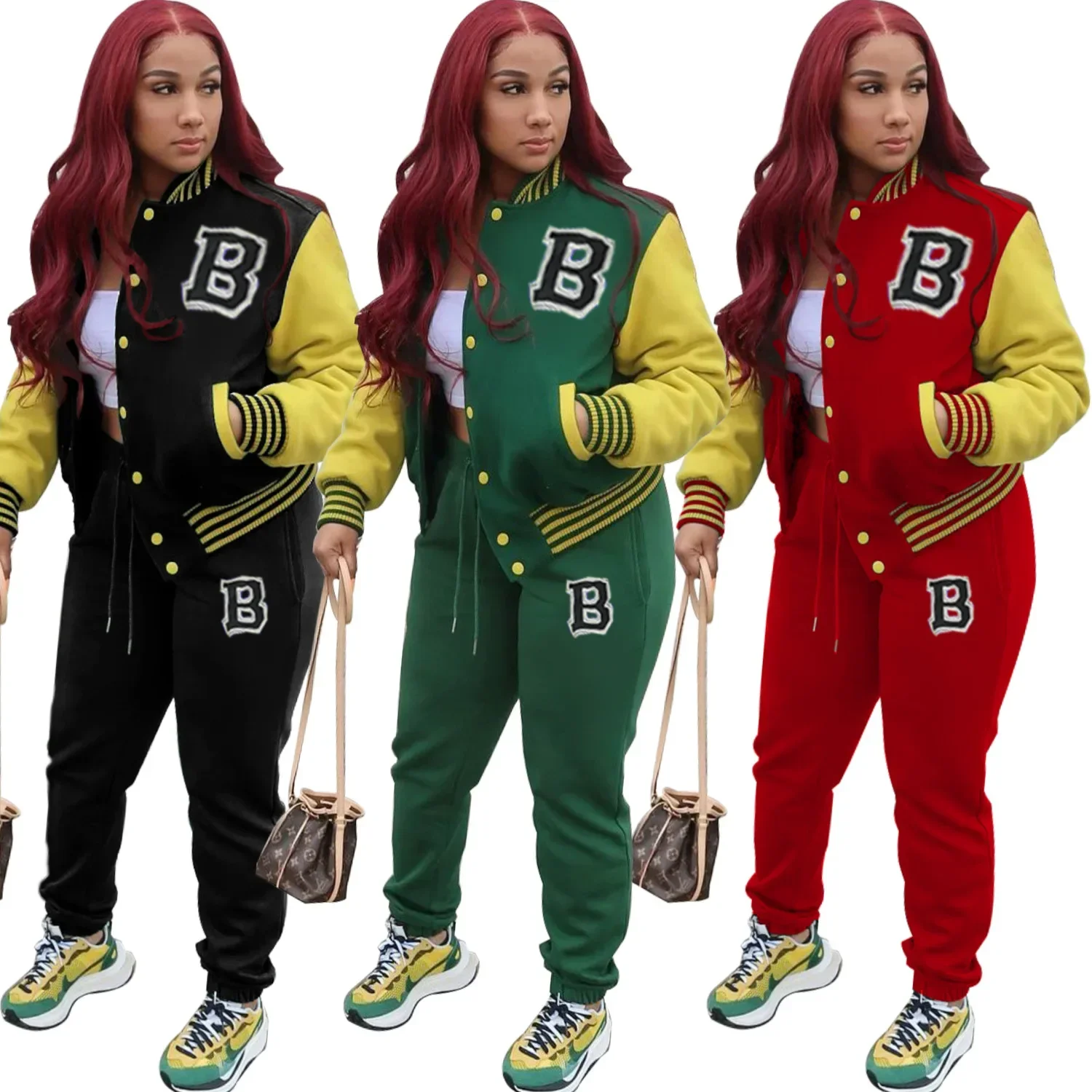 Letter Striped print Women Fall Two piece Set Sweatshirt Zipp jacket Top Trousers Sports Baseball Uniform Workout Outfits