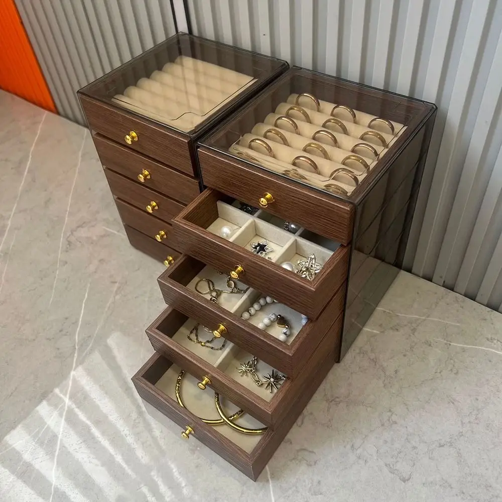 

Large Capacity Jewelry Storage Box Dust-proof 3/5 Layers Wooden Walnut Grain Jewelry Box Detachable Layers Drawer Type