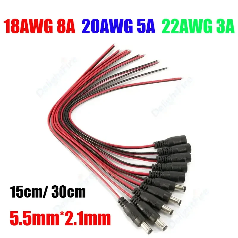 5.5mm 2.1 mm Male Female Barrel Jack Plug 5V 12V DC Power Pigtail Wire Connector for LED Strips CCTV Camera AC/DC Power Adapter