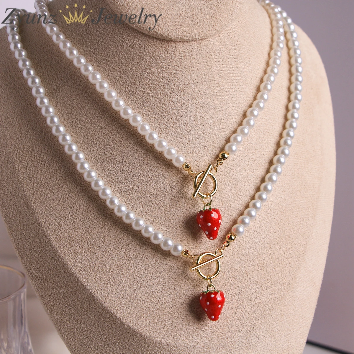 5pcs, Sweet Strawberry Fruit Imitation Pearl 18K Gold Plated Female Pendant Necklace Women Jewelry Gifts