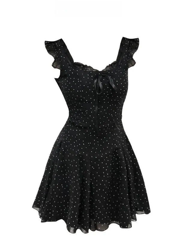 

French Style Polka Dot A-Line Dress Women's Summer Slim Fit Waist Cinched Square Neck Strapless Short Skirt Dress