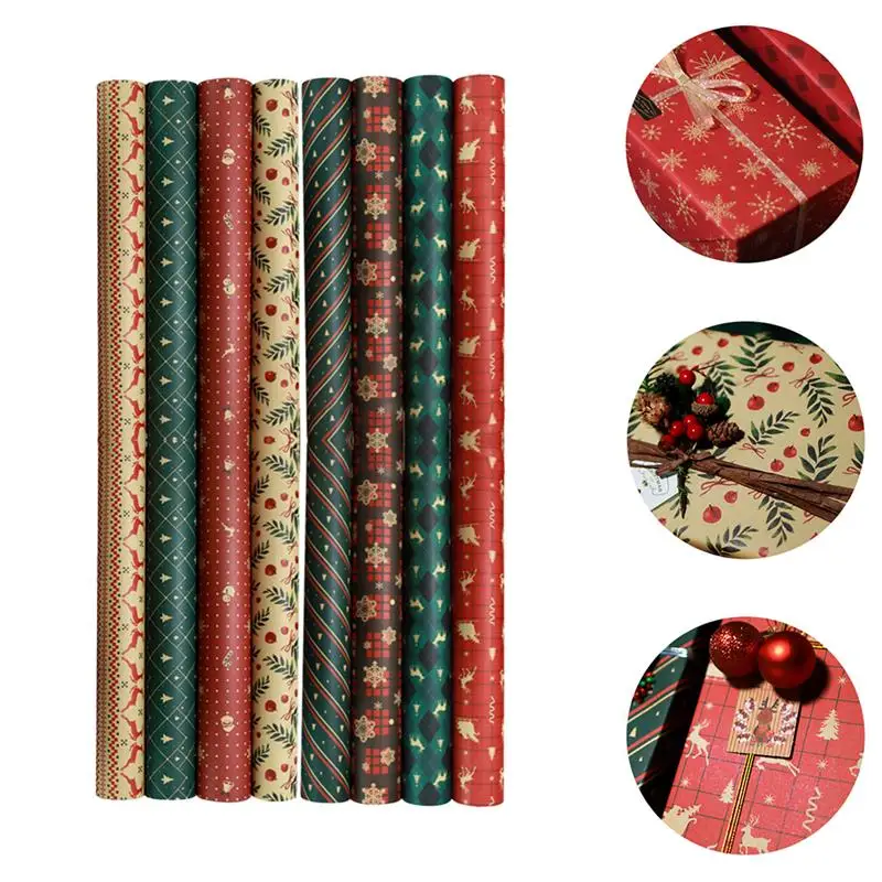 

8pcs DIY Gift Wrapping Paper Christmas Elements Gift Wrapping Retro Santa Claus Snowman Snowflake Christmas Tree Packing Paper