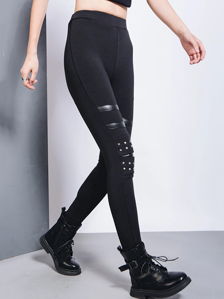 [EAM] High Elastic Waist Black Brief Long Rivet With Fleece Casual Pants New Trousers Women Fashion Spring Autumn 2024 1DH7172