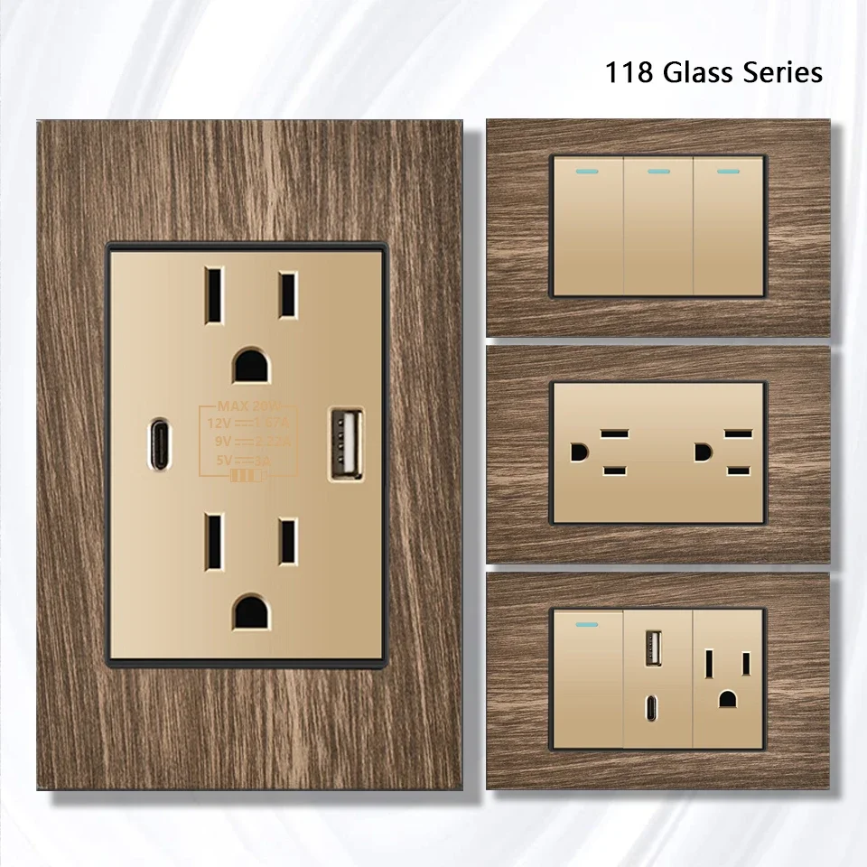 

US Mexico Wall Switch Socket Plug,American Fast charging Type-c 20W Wood Grain Power Outlet 1 2 3 Gang 2 Way Light Switch Panel