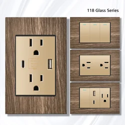US Mexico Wall Switch Socket Plug,American Fast charging Type-c 20W Wood Grain Power Outlet 1 2 3 Gang 2 Way Light Switch Panel