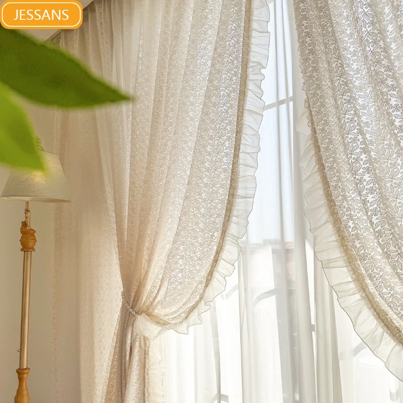French Cream Lace Jacquard Hollow Lace Curtains for Window Screen Living Room Bedroom Balcony Customized Finished Product