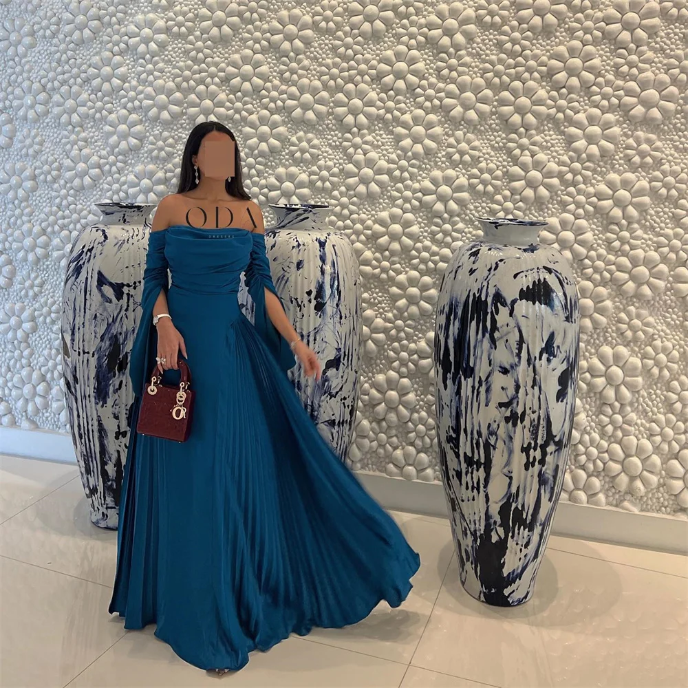 2024 Sexy Off Shoulder Royal Blue Satin Evening Dresses Saudi Arabic Women Long Sleeves Silk Satin Formal Pary Dress Prom Gowns