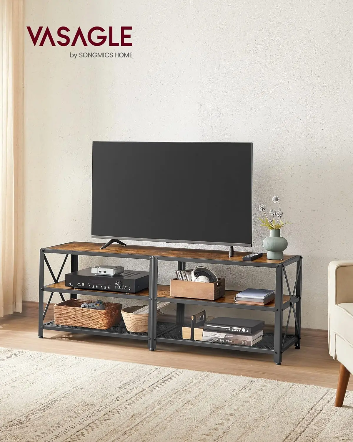 VASAGLE TVStand, TVConsole for TVs Up to 65 Inches, TVTable, 55.1 Inches Width, TVCabinet with Storage Shelves, Steel Frame,