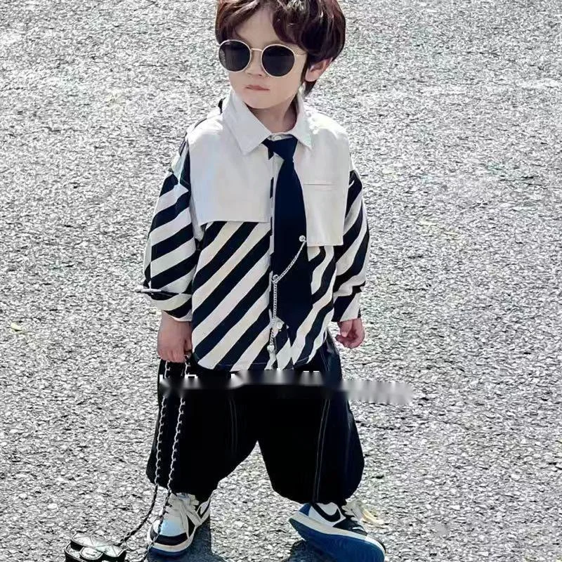 Boys Spring And Autumn Two-piece Set 2024 New Handsome Black And White Stripe Shirt Pants Children\'s Clothes Fashion Suits