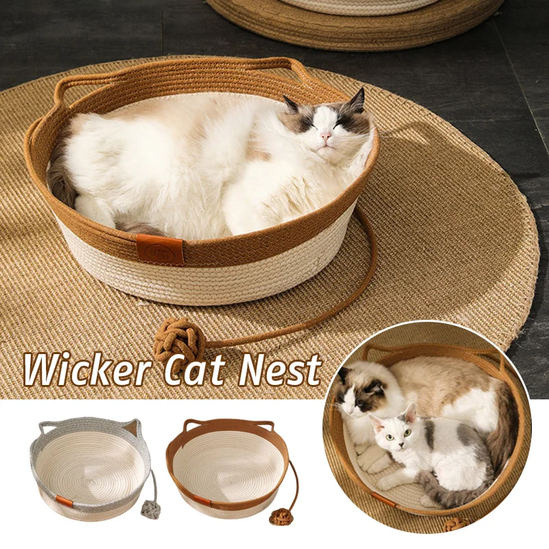 

35-50cm Comfort Rattan Woven Cat Nest Bed Four Seasons Natural Cattail Material Summer Cool Nest Cat Scratch Board Pet Supplies