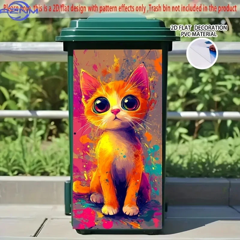 of 2D/Flat, Vibrant Big-Eyed Orange Cat Self-Adhesive Stickers for Dustbins, Measuring 14.57×32.28 Inches, Featuring a Big-Eye