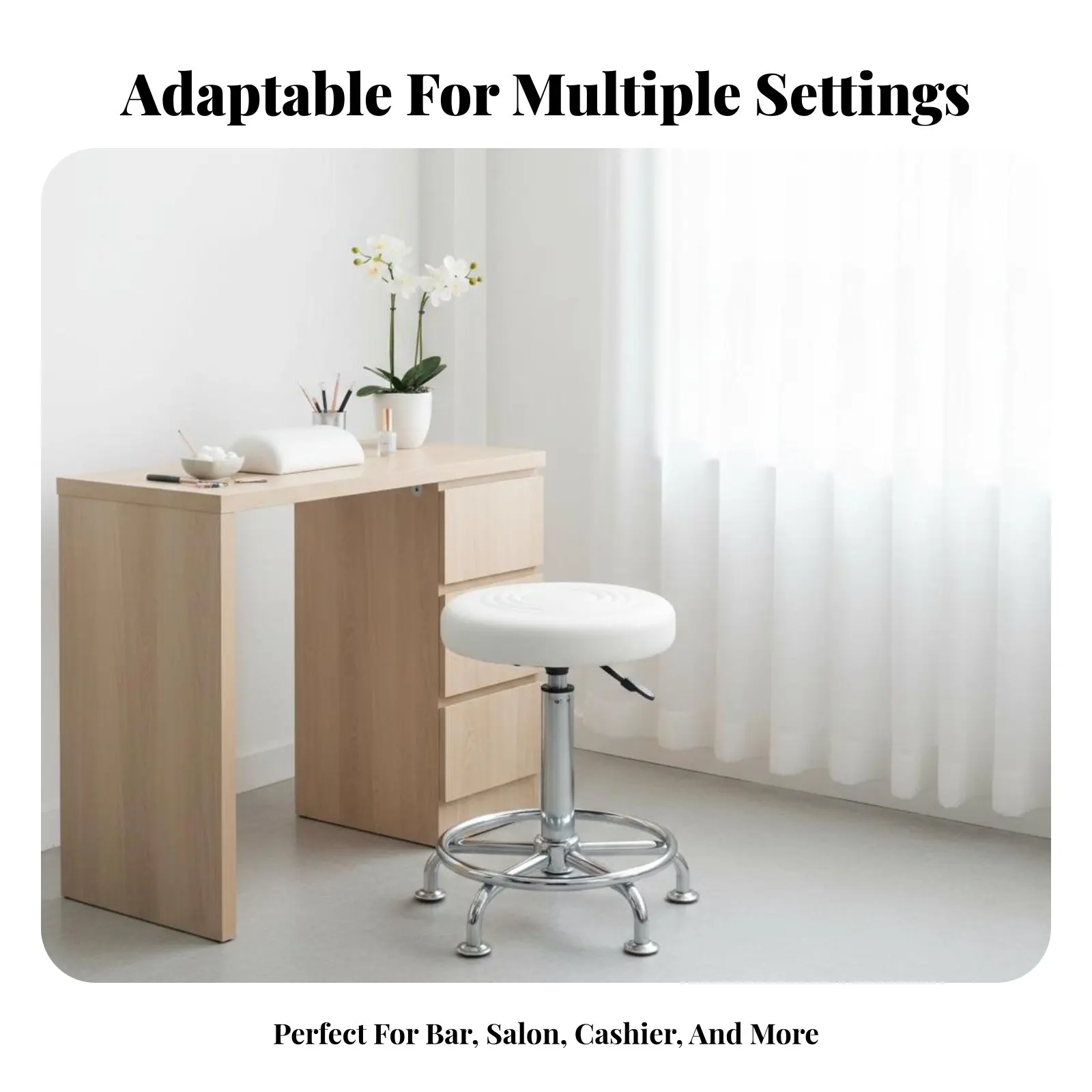 調節可能なパッド入り回転スツール（ホイール付き）-調節可能なホイール付きスツール-ロングエンドゥカリング-シルバー仕上げ-複数のベースが利用可能