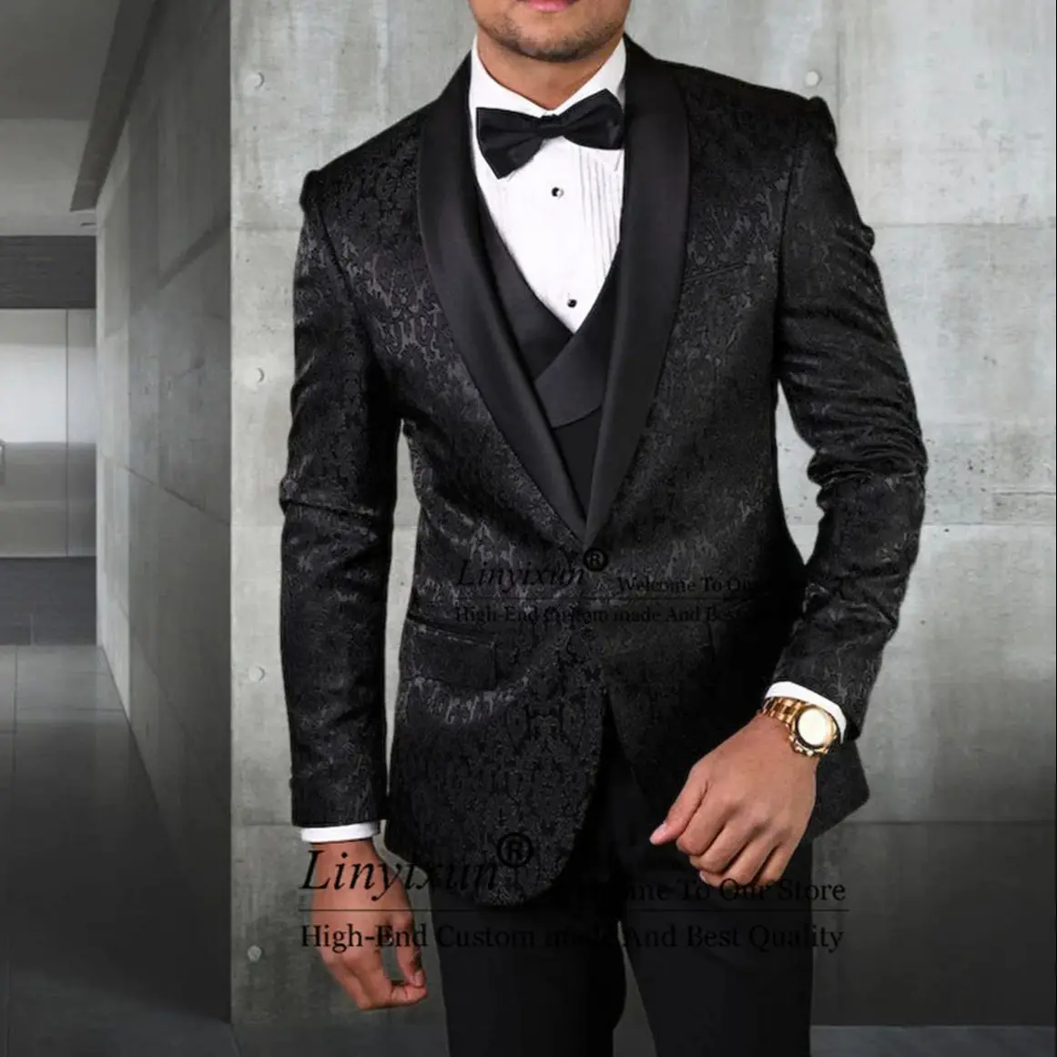 

Classic Black Jacquard Pattern Slim Fit Men Suits Shawl Lapel Groom Wedding Tuxedos 3 Pieces Prom Party Blazer Trajes De Hombre