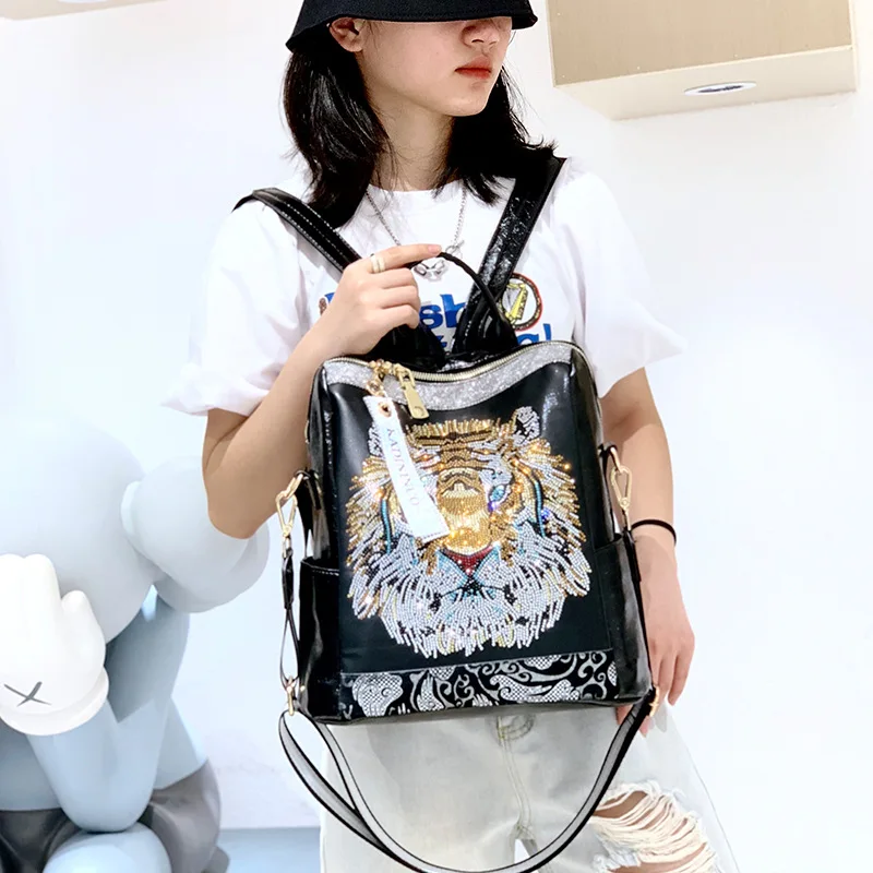 Luxury Brand Women\'s Backpack Female High Quality Backpacks Soft Leather Teenager Girl School Bag Fashion Sequins Travel Bagpack