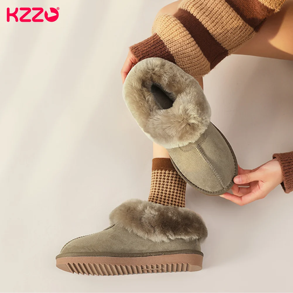 KZZO Australia Natural Wool Fur Mini Shallow Snow Boots Women Genuine Leather Casual Short Ankle Winter Warm Shoes Non-slip