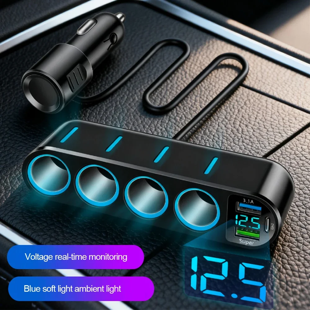 7 in 1 USB Type C 4-Socket Car Cigarette Lighter Splitter Fast Charger Phone Power Adapter for Car DVR GPS Dashcam 12V 24V