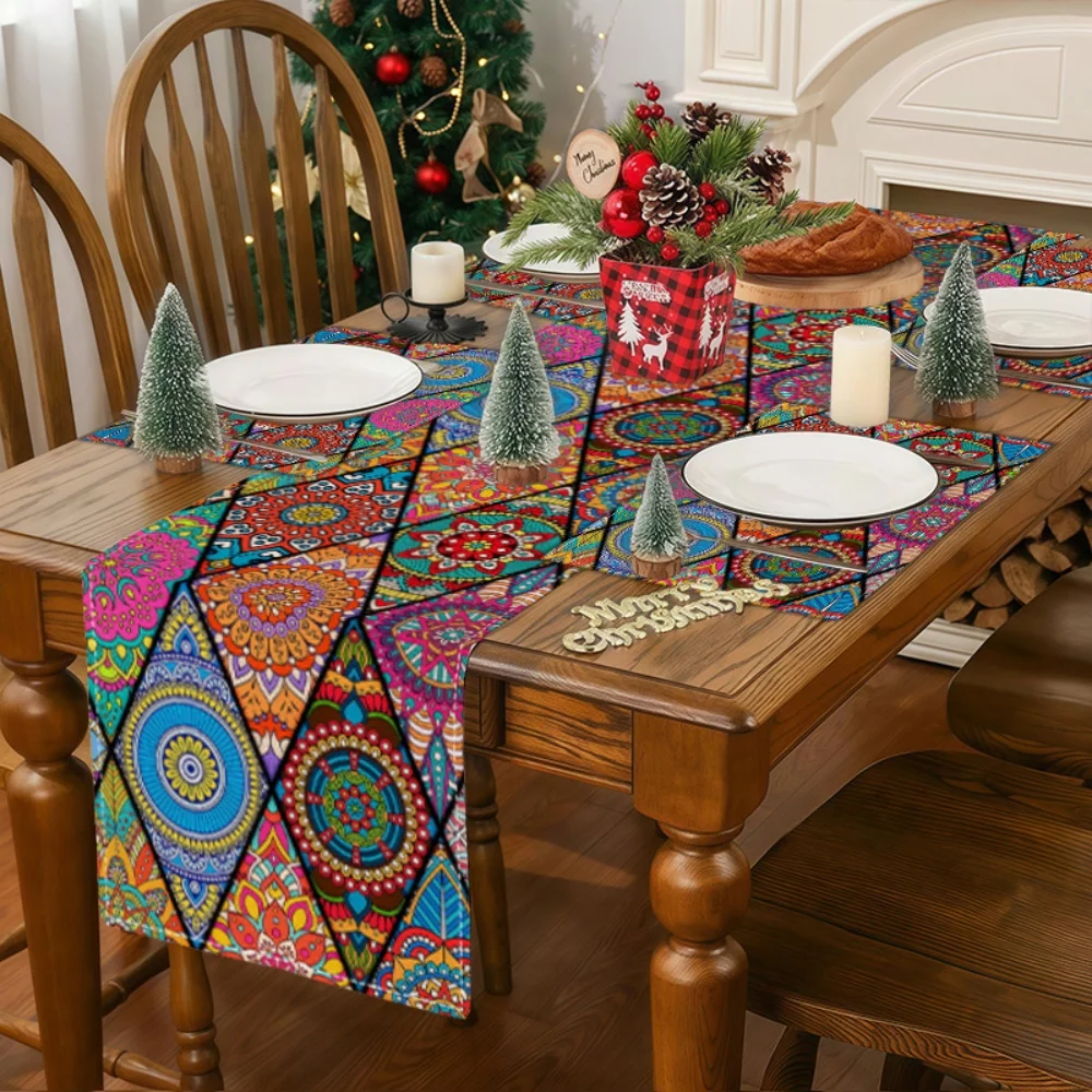 Böhmischer Mandala-Tischläufer, Tischsets – lebendige Esstischsets aus Leinen, Feiertagsparty-Versammlungen, Tischdekoration für den Innenbereich