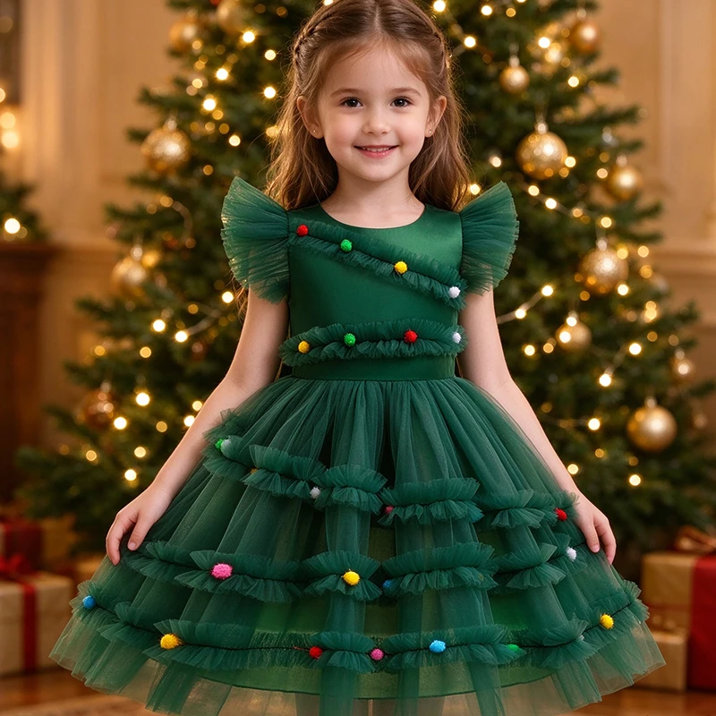 Merry Christmas Girls Princess Dress Cute Christmas Tree Mesh Puffy Christmas Party Costumes 2-10 Years Elegant Kids Clothes