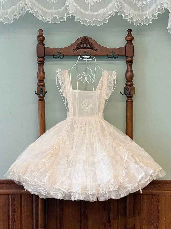 Lolita-Stil Süßes Besticktes Schürzenkleid Mädchen Mesh Basic Lässiges Vielseitiges Minikleid Oberbekleidung Koreanische Mode Kleid Damen