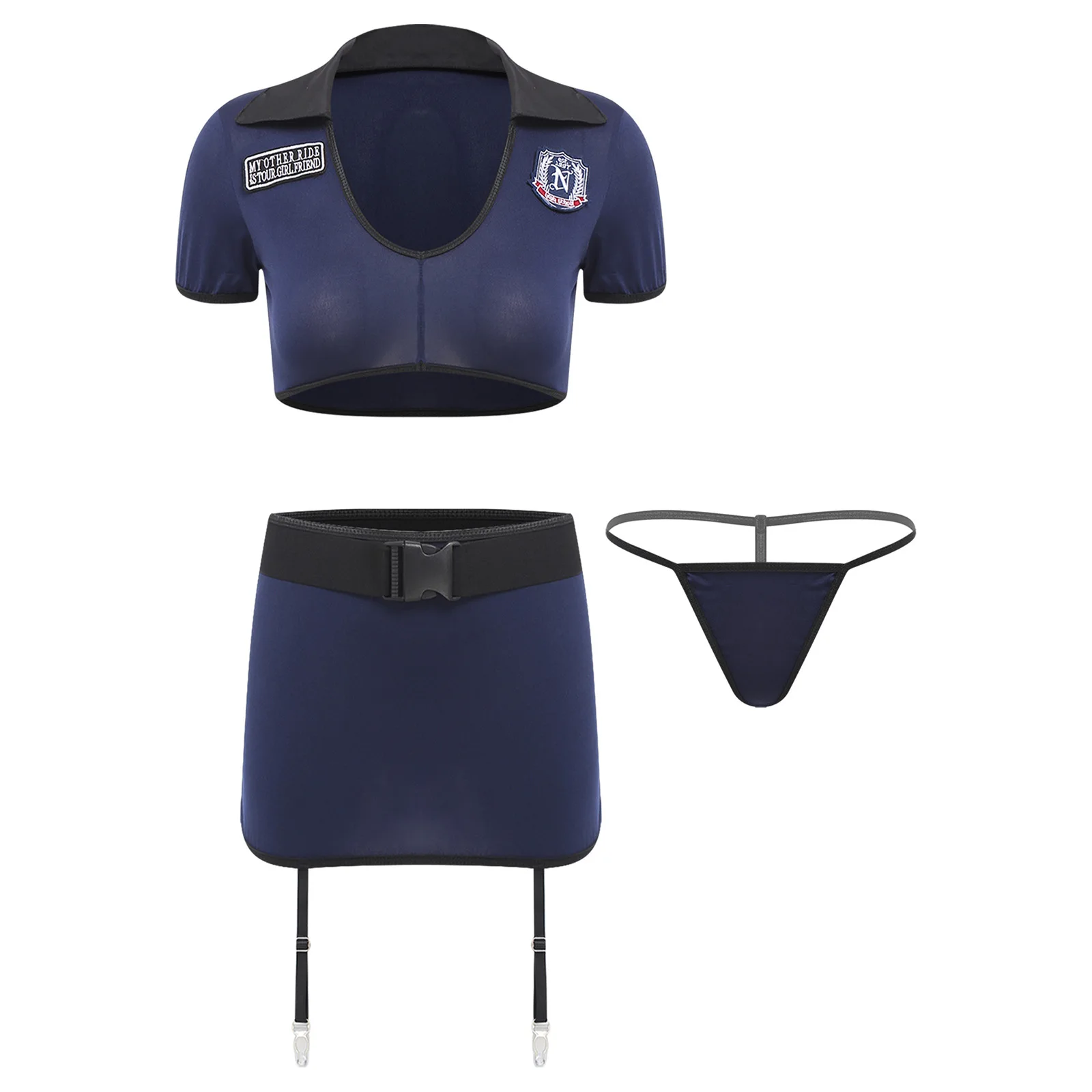 

Women Adults Police Cop Lingerie Tempting Crop Top Skirt with Garters Clip T-back Thong And Waist Belt Set for Dating Nightwear