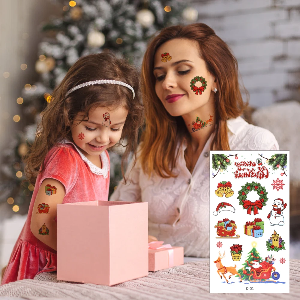 Waterproof Christmas Tattoo Sticker Cartoon Cute Face Body Temporary Tattoo Stickers Stocking Gifts Party for Kid Makeup 10sheet