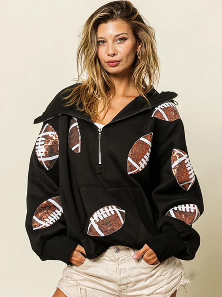 Rugby Sequin Hoodies Sweatshirts Female Zipper Drawstring Long-sleeve Pullover Top Jacket Loose Casual Street Women Clothing