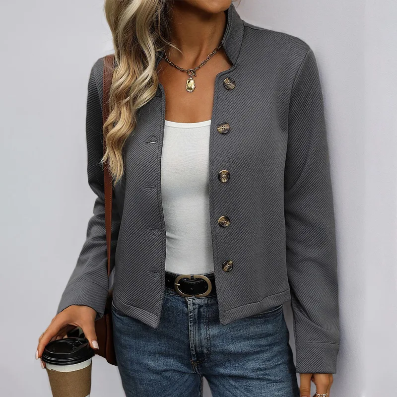 

Женская куртка с длинными рукавами и воротником-стойкой с текстурированным узором, повседневная осенняя одежда в европейском и американском стиле, однотонная