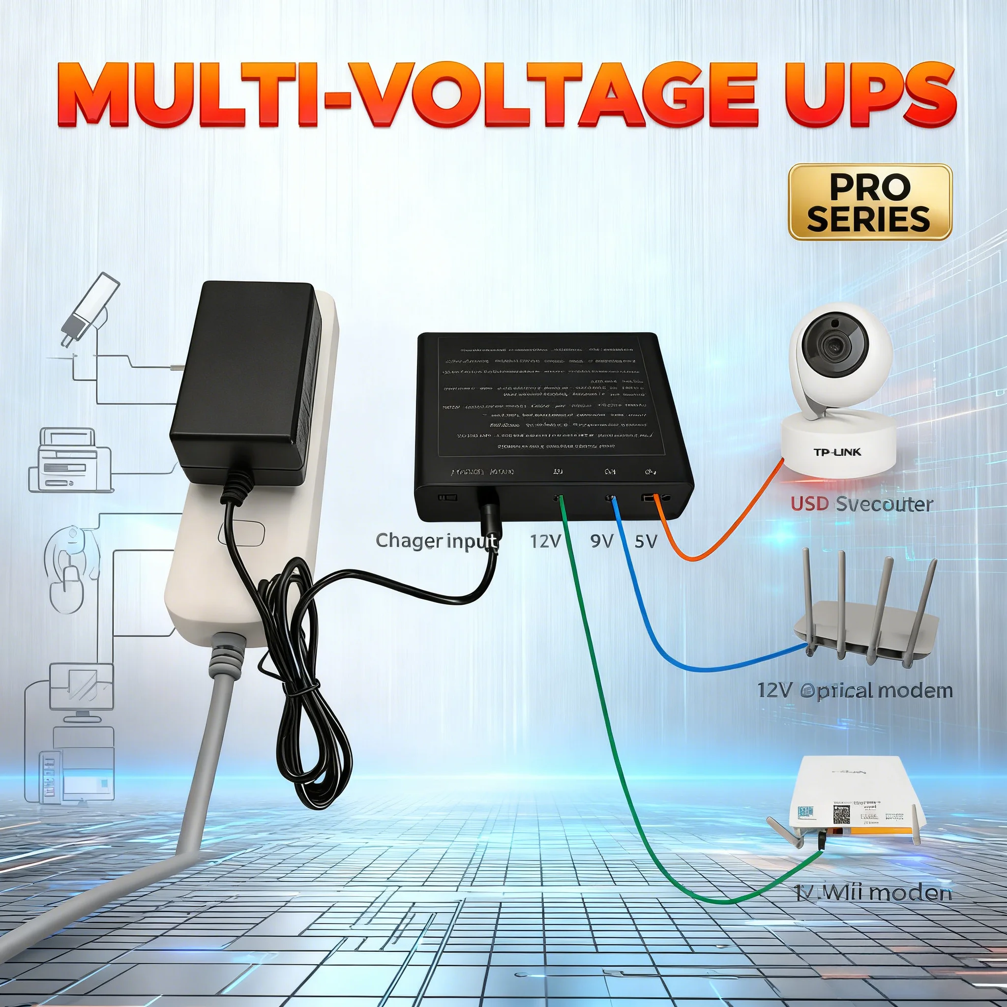

5V/9V/12V DC UPS Backup Box - Auto Switch, Overload Protection, Removable Holder for Router/WiFi Camera Continuous Power