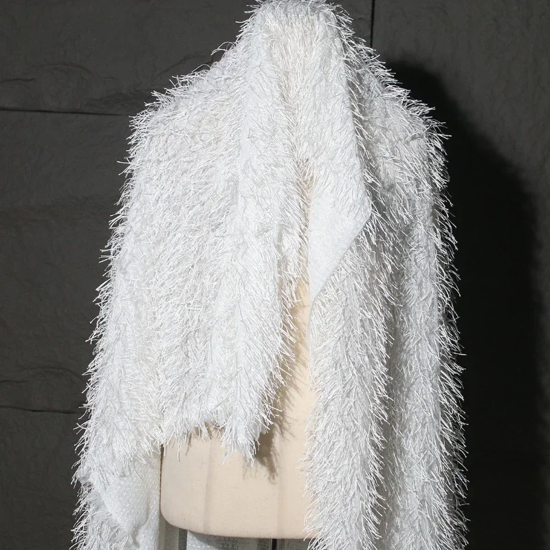 

White Tassel Fabric Hand Cut DIY Three-dimensional Texture Jacquard Jacket with Skirt Clothing Designer Fabric