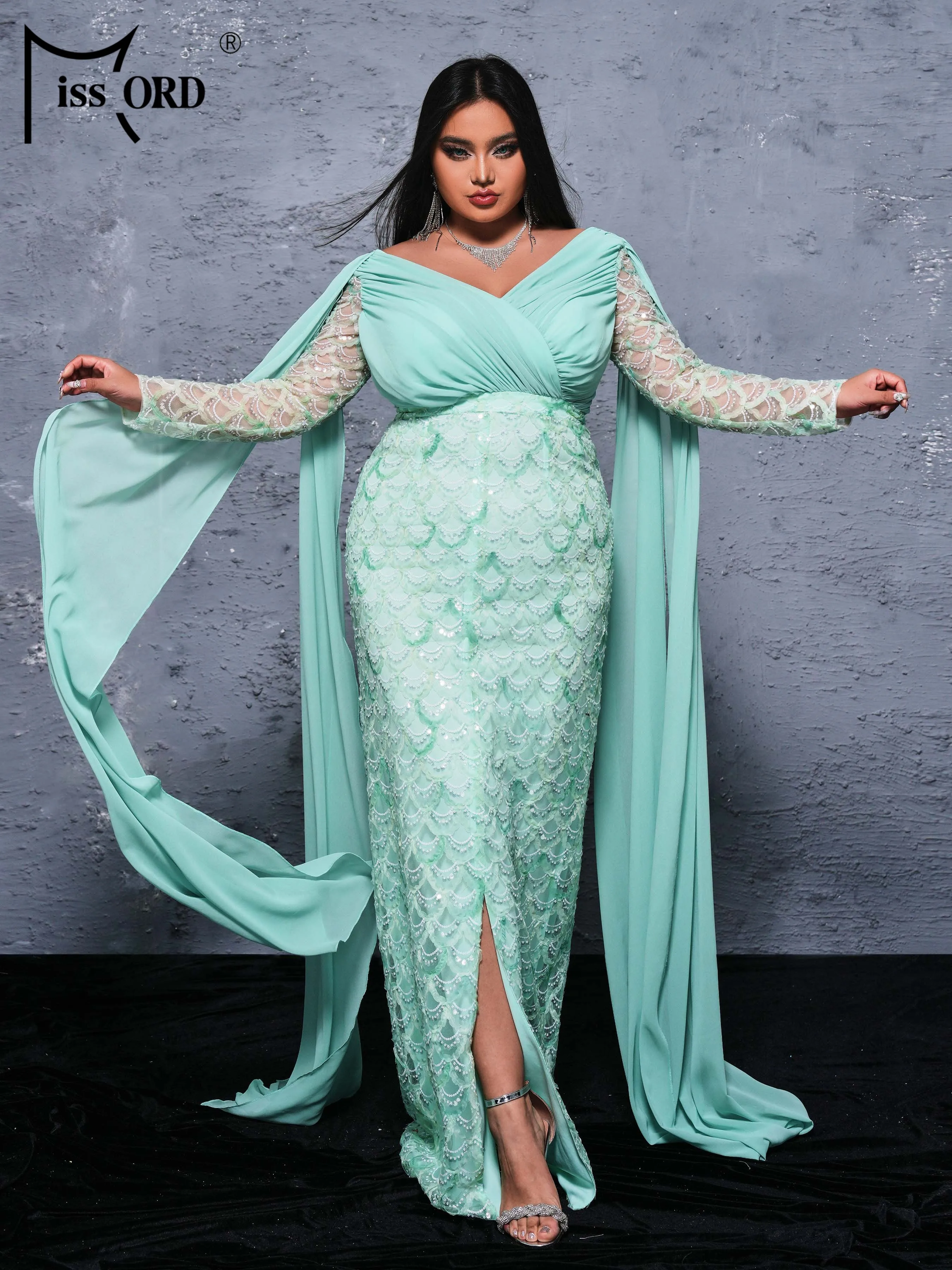 Missord 2024 Plus Size Sequin Flowing Sleeve V Neck Panel Mermaid Evening Wedding Birthday Party Dress