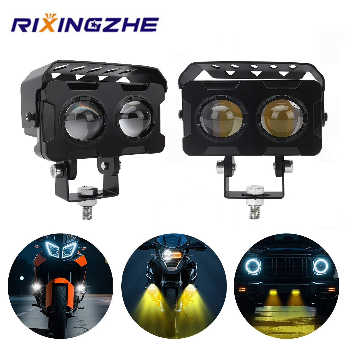 

1/2PCS Motorcycle LED Spotlight 12V Fog Light Hi/Lo Beam Light Dual Color 3570 Chip Double Lens DRL for Car Trucks SUV UTV