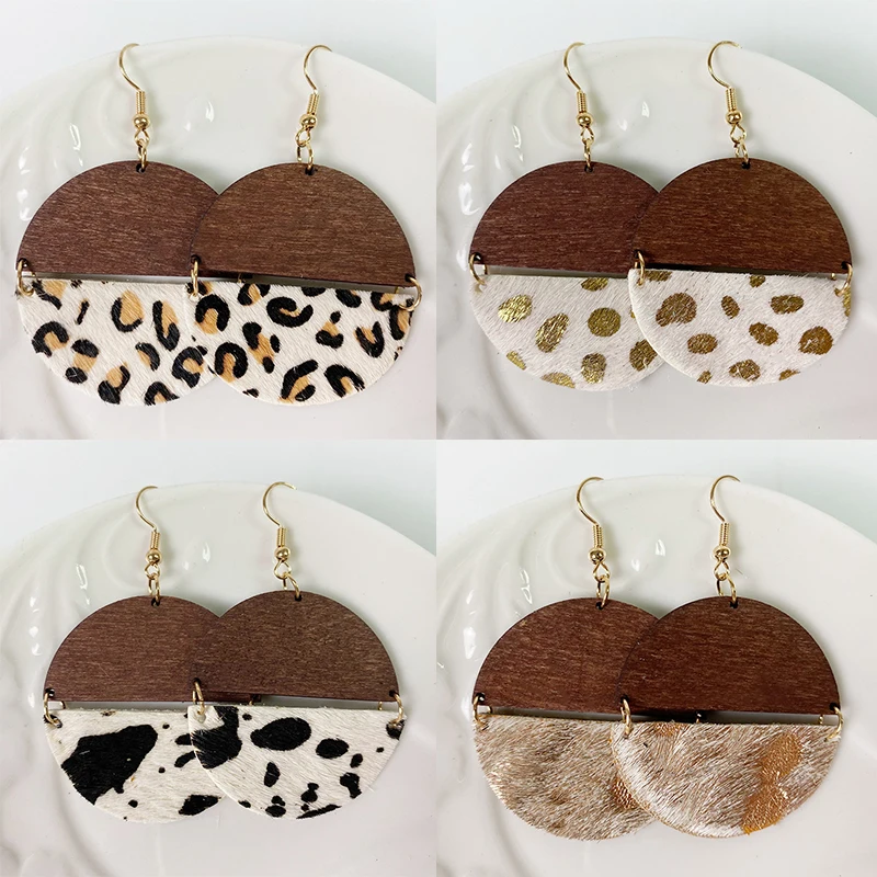 Leopard Earrings Horse Hair Cow Leather Earrings Bohemian Gold Dot Cow Pattern Semicircular Wood Earrings Fashion Earrings