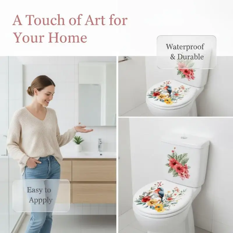Floral Toilet Lid Sticker Waterproof Friction Resistant Self-Adhesive Bathroom Wall Art Decor for Home Bathroom