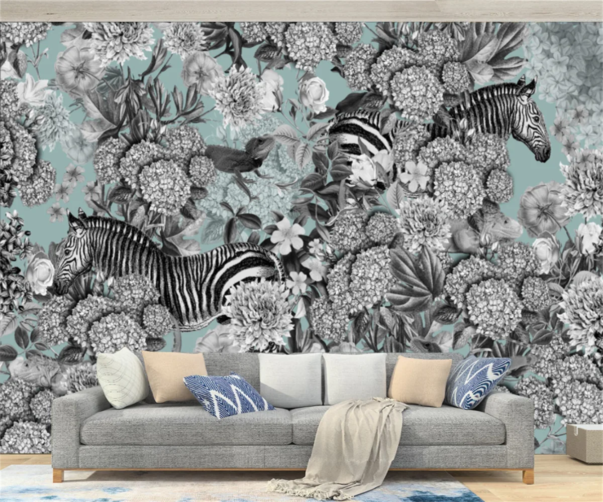 Nordic Light Luxury Zebra Garden Vintage flower Living Room Background Wallpaper Wallcloth Bedroom Wallpaper Custom Animal Mural