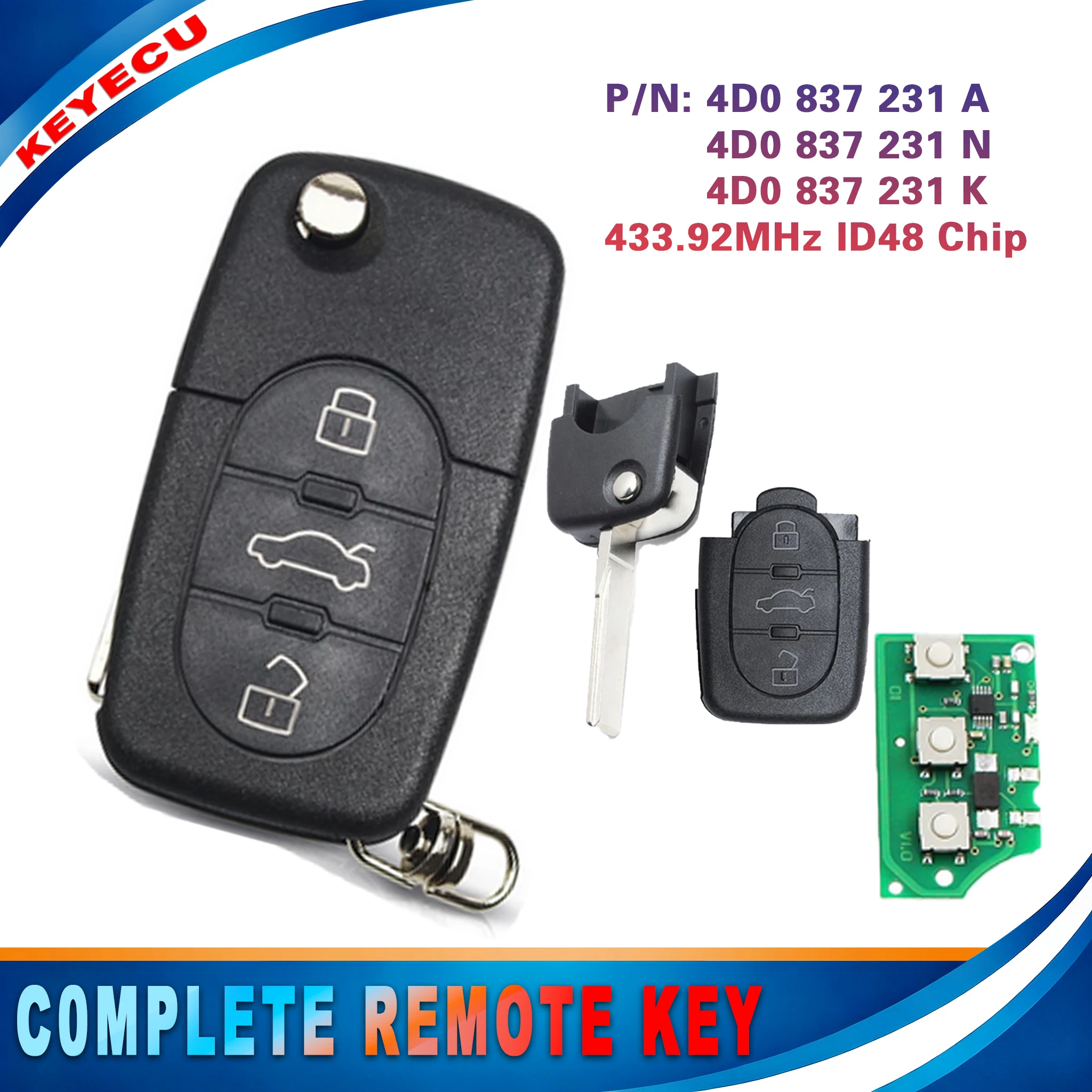 KEYECU for Audi A3 8L A4 B5 A6 C5 TT 8N RS6 S6 1999-2004 Flip Remote Key Fob 4D0837231A/N/K 433.92MHz ID48 Chip