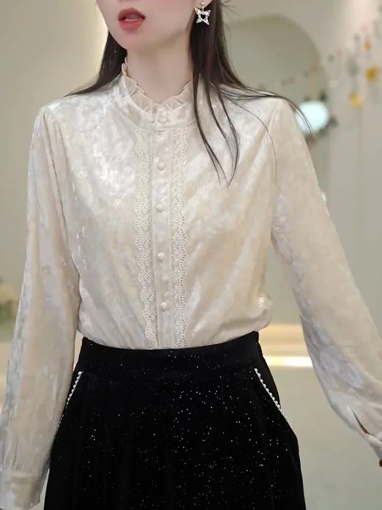 

Ele Lace Patchwork irt Faionable Slimming Large Size Top for Autumn Season French Sle round Ne Single Piece