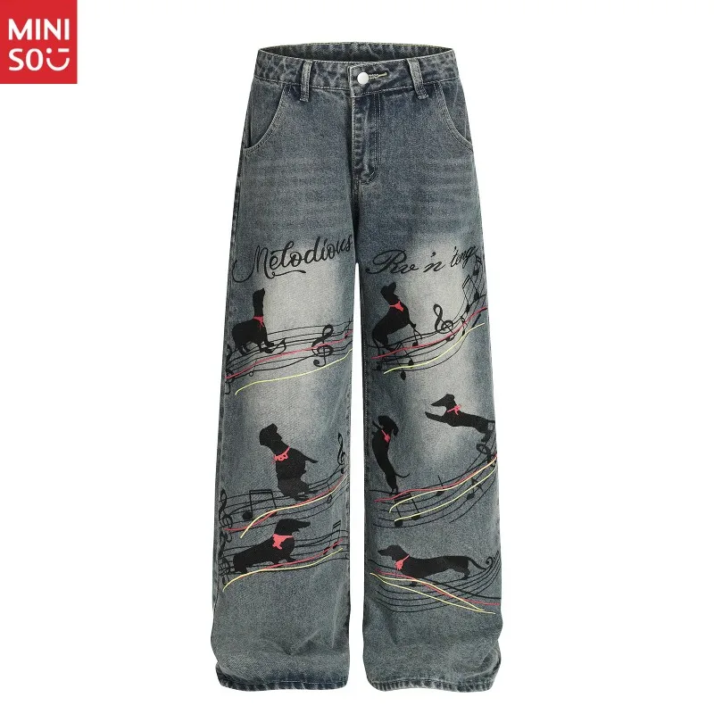 

Miniso винтажные джинсы с принтом таксы и каракулей, свободные широкие брюки унисекс, потертые облегающие детские джинсы