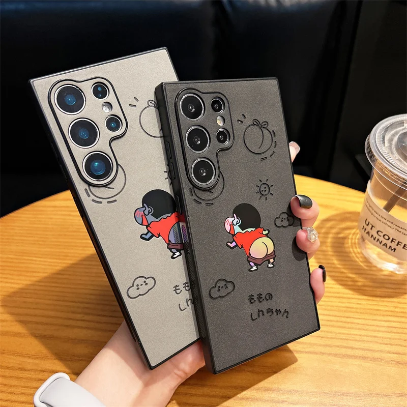 

3D Anime Cute Crayon Shin-chan Butt Emboss Phone Case for Samsung S25 S24 S23 22 25 Ultra Plus Shin-chan Laser Leather Cover