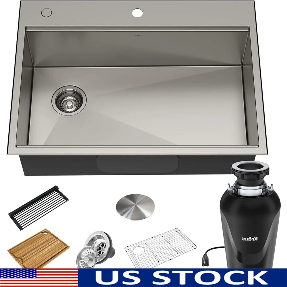 

30 Inch Drop In 16 Gauge Single Bowl Stainless Steel Kitchen Sink Workstation with Accessories Garbage Disposal and Drying Rack