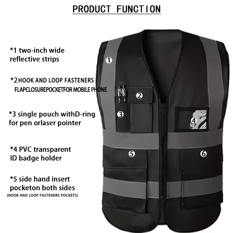 HACHANLUN Black Reflective Vest Vest Reflective Vest Traffic Riding Vest Overalls Multi-pocket Zipper