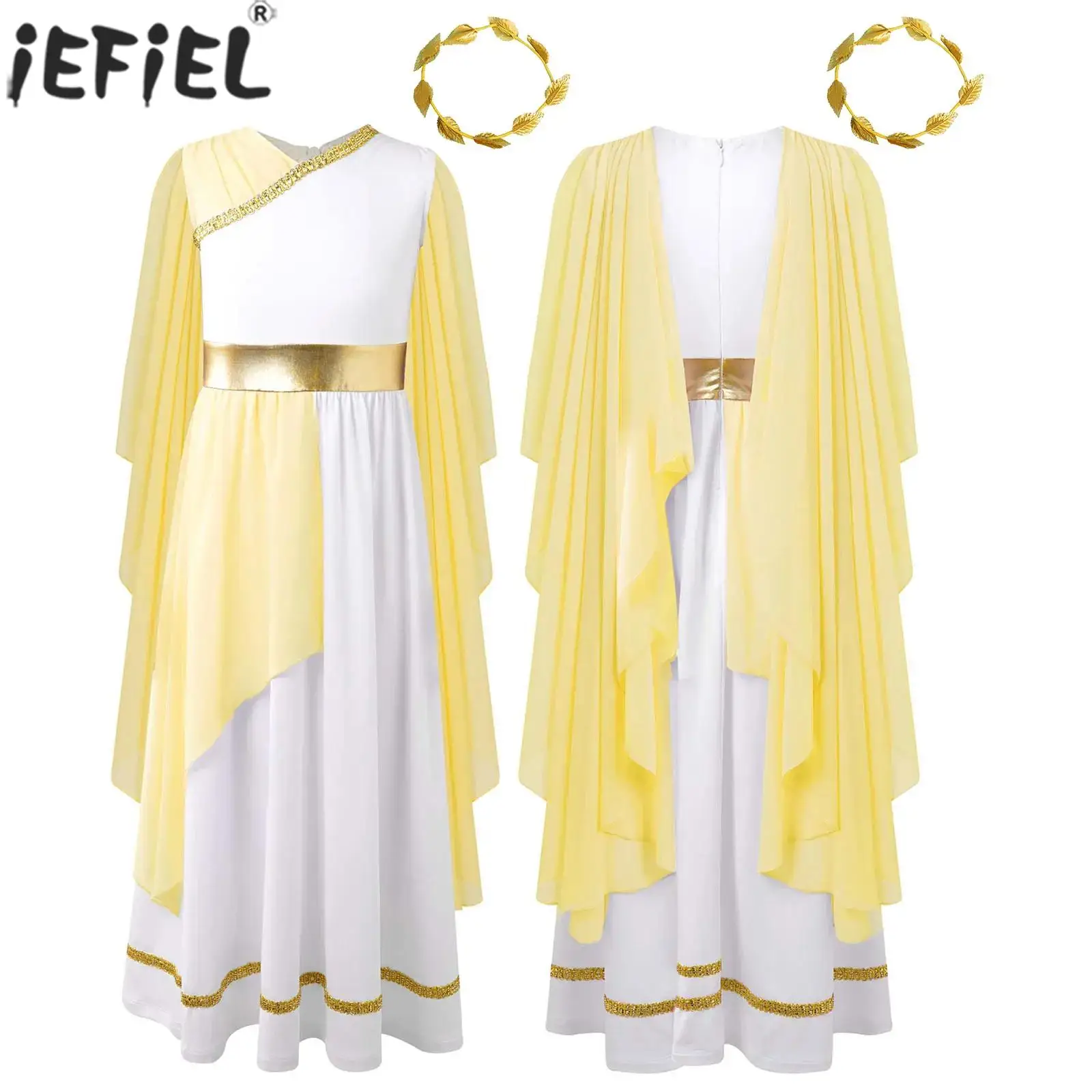 Kids Girls Halloween Carnival Greek Goddesses Princess Costume Ancient Roman Toga Worship Choir Gown Shawl Dress with Garland