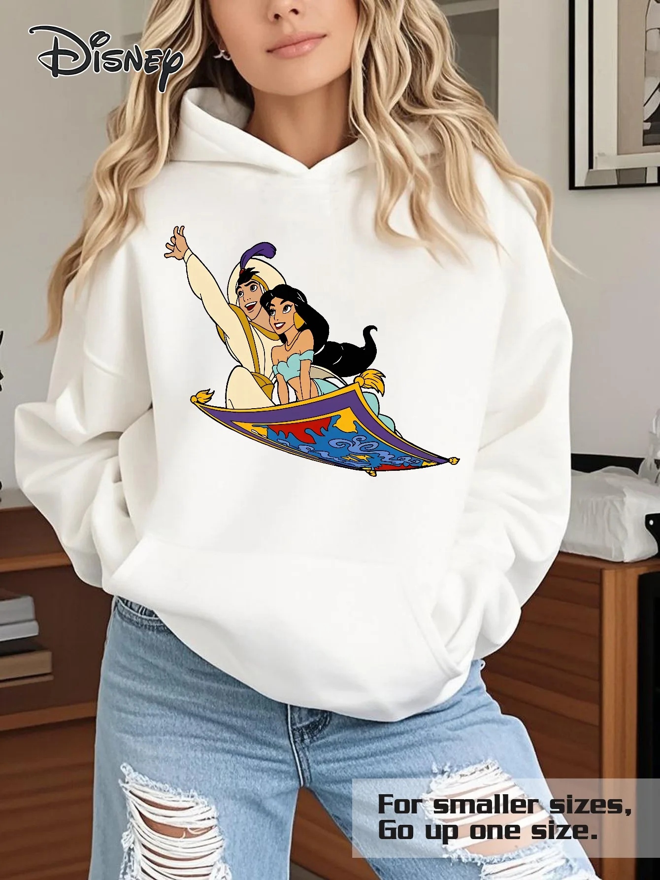 سترة نسائية بغطاء للرأس من Disney Aladdin & Jasmine - بلوفر رسمي برسومات السجاد السحري، سويت شيرت بقلنسوة فضفاض #2