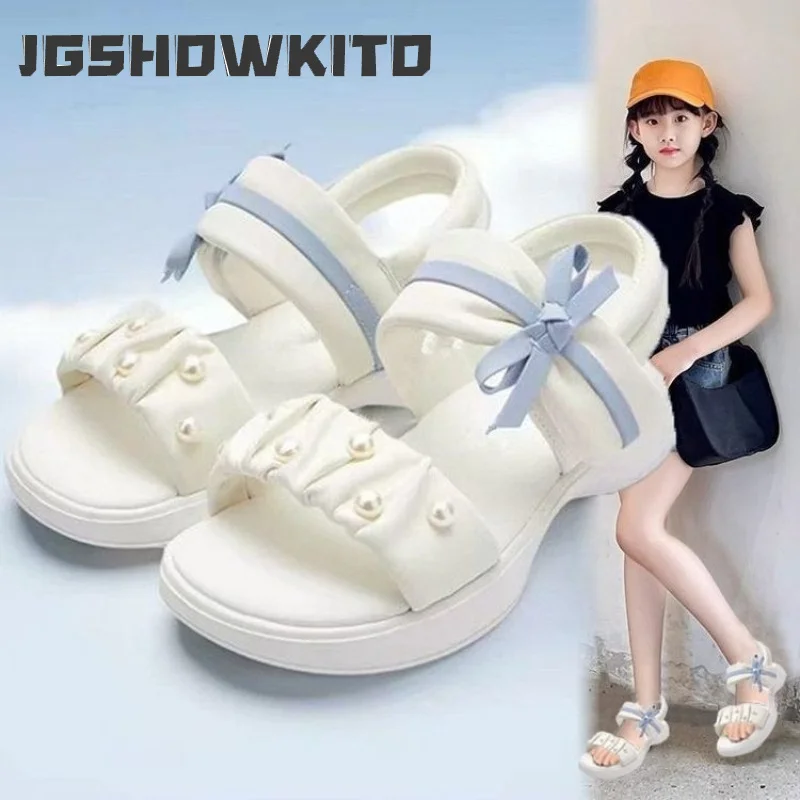 JGSHOWKITO Girls Bow Summer Sandals Princess Pleated Pearl Children School Shoes Beach Open-toe Soft Kids' Thick Bottom Sandals
