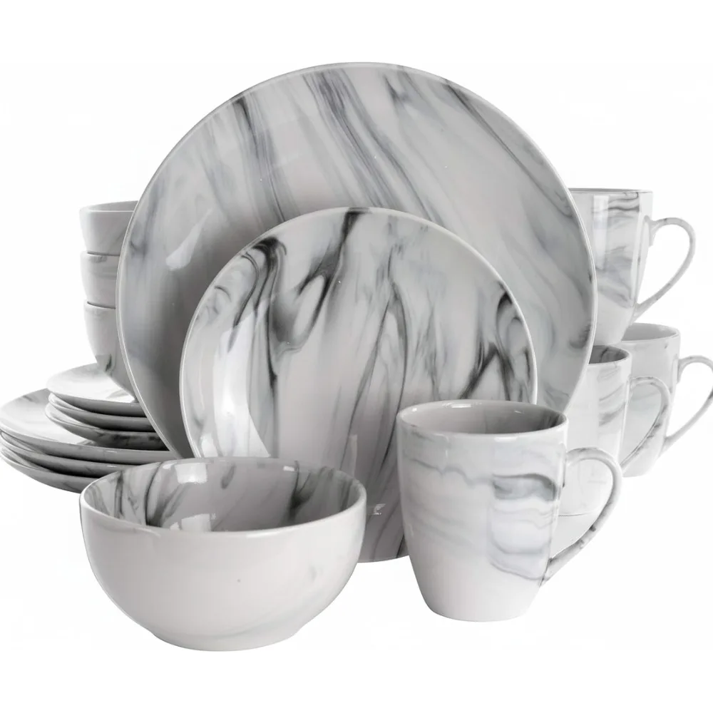 

Elegant Black and White Marble Stoneware Dinnerware Set, 16-Piece Dishwasher & Microwave Safe for Modern Dining