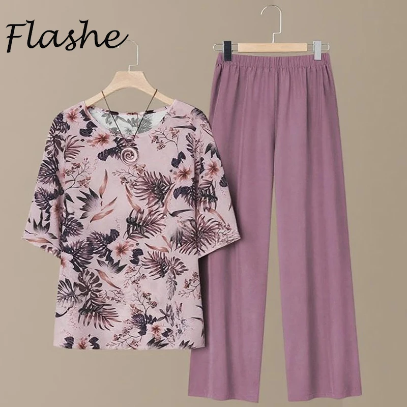 

New Set Women 2 Pieces Pants And Short Sleeve T-Shirt Ladies Suit Summer Women Two Piece Sets Plus Size Vintage Printed Outfits
