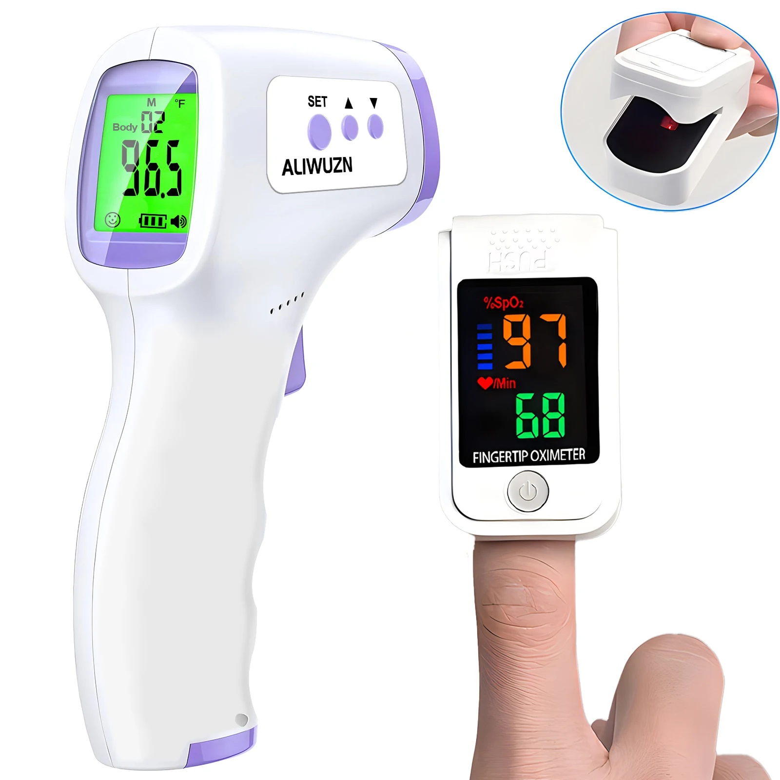 Termómetro digital retroiluminado para la frente, termómetros infrarrojos sin contacto o oxímetro de pulso médico para dedos, oxímetro de sangre