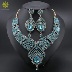 Women Luxury Blue Crystal Earrings Necklace Bridal Wedding Jewelry Set Elegant Bride Party Prom Costume Dress Accessories Gifts