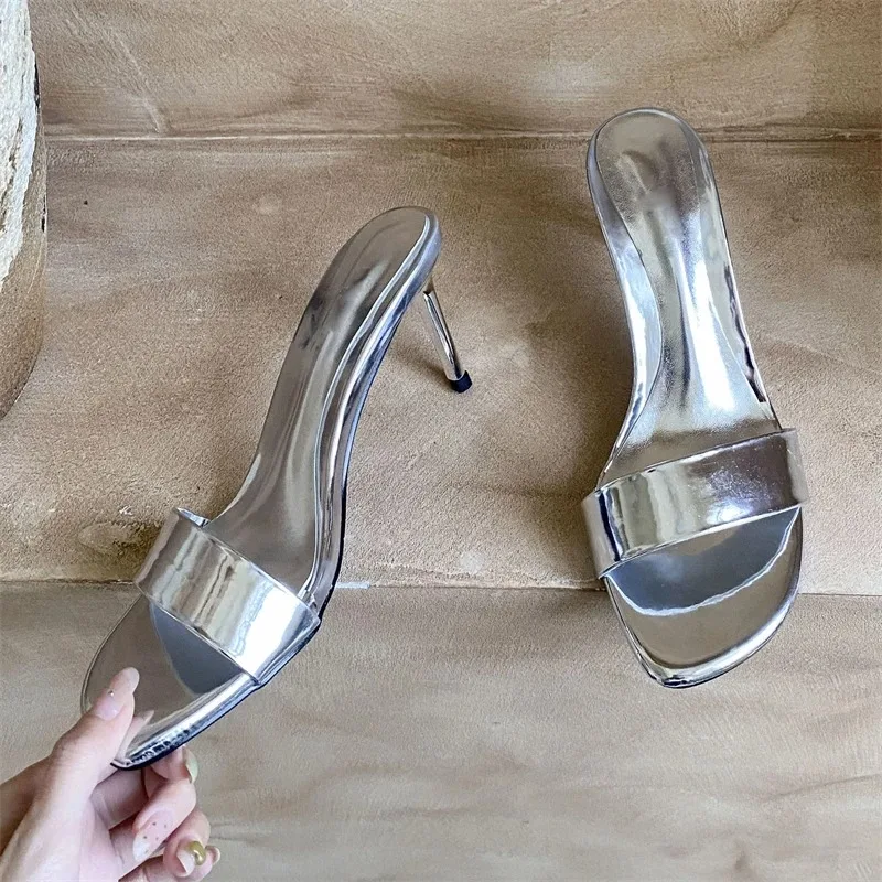 

Aneikeh 2026 Summer New Women Silver Mules Sandals Open Toe Thin Stiletto Heels Slides Elegant Party Slip on High Heel Shoes